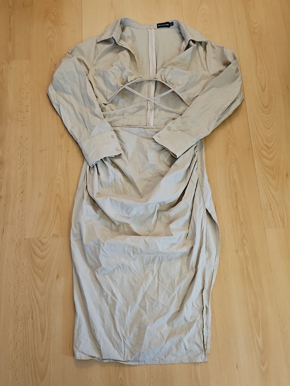 PrettyLittleThing Light Beige Long Sleeve Cutout Midi Dress
